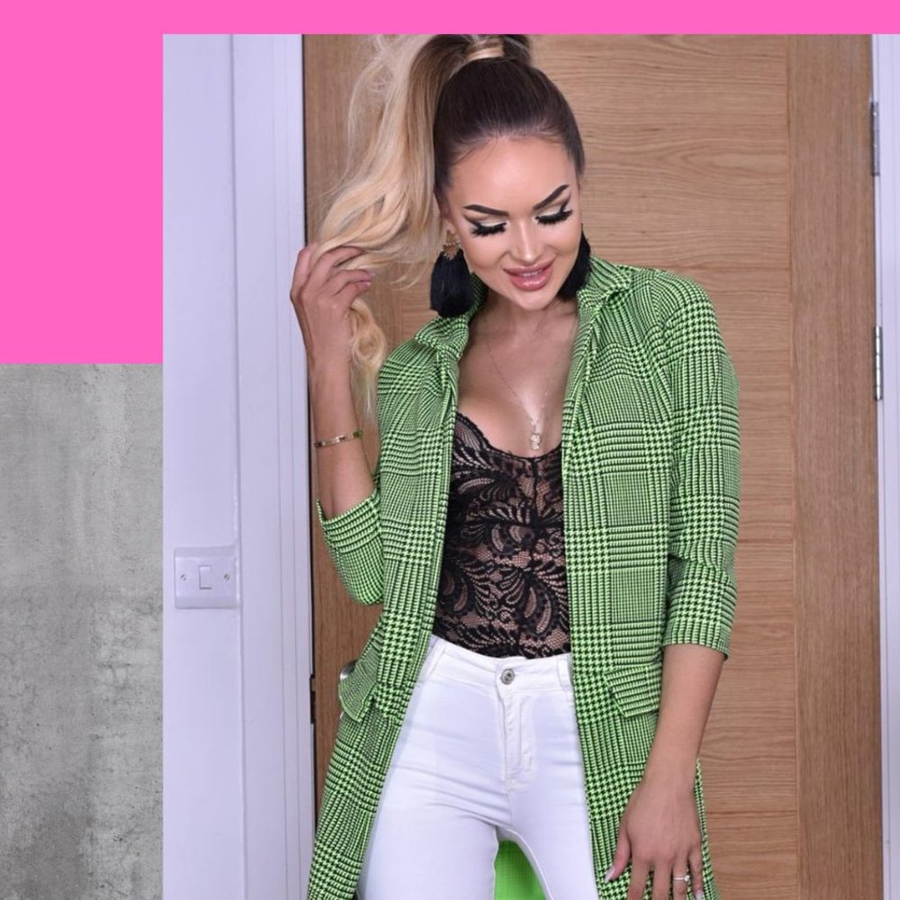 Sale🎉Neon Green Checkered Long-line Blazer